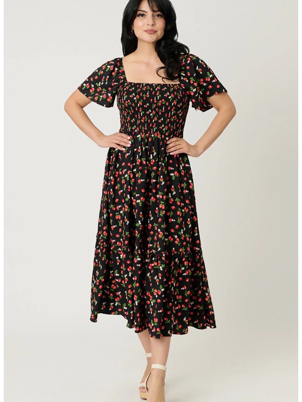 NWT Unique Vintage Black StrawberryPrint Smocked Midi Dress Flutter Sleeve Plus